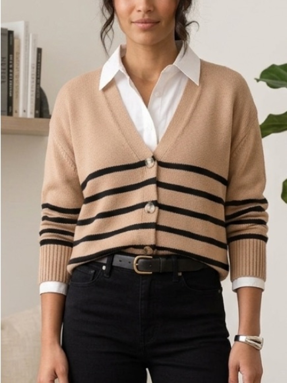 Moon & Madison Tan and Black Striped V-Neck Cardigan | NWT Nautical Knit Sweater